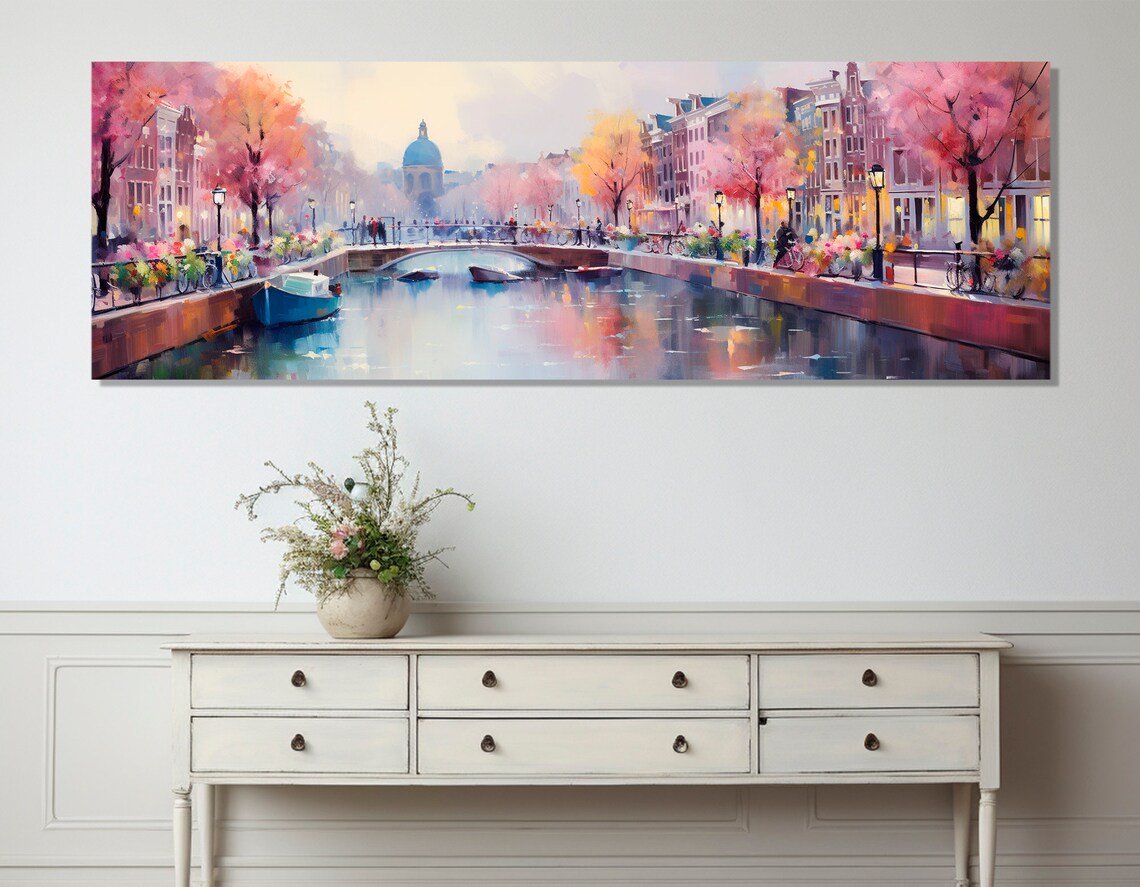 Amsterdam Canal Spring Blossom Pink Trees Bridge Boats Painting Poster