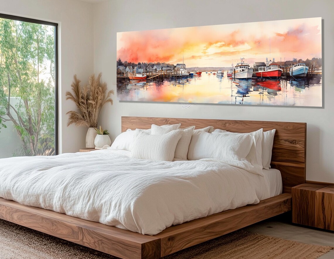 Fishing Harbor Sunset Boats Pink Orange Watercolor Nautical Art Poster - Image 3