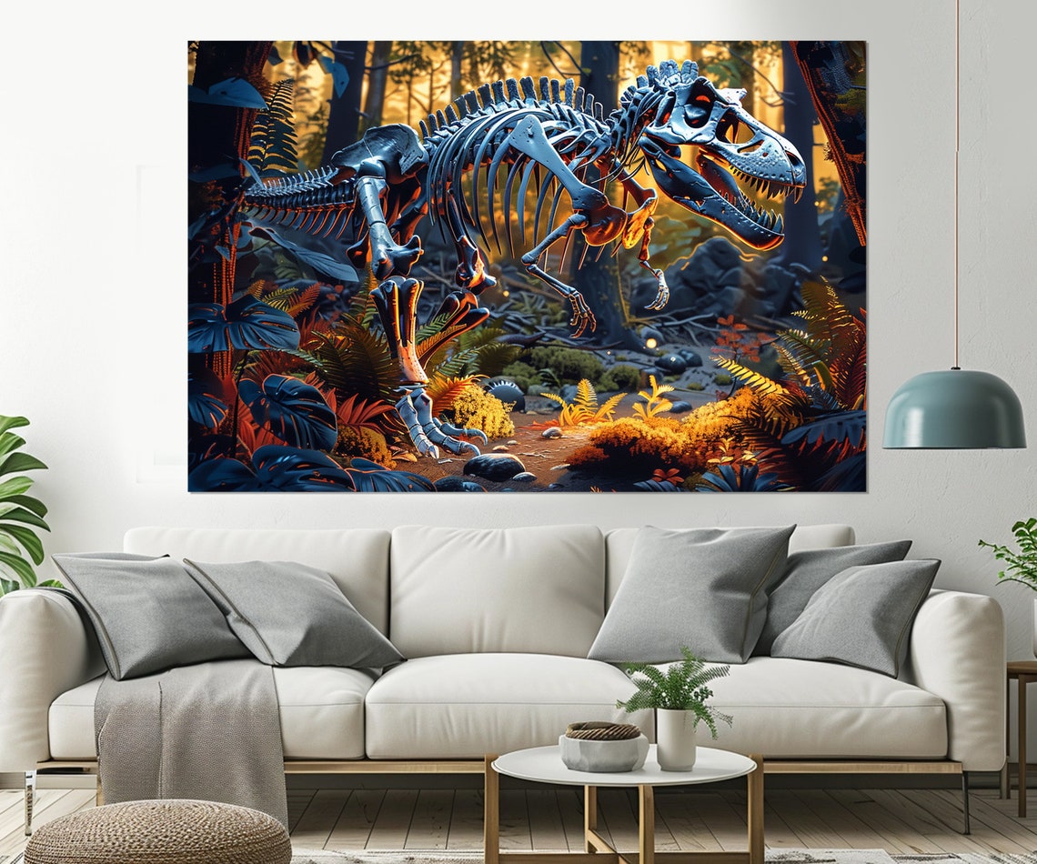 Tyrannosaurus Rex Skeleton Prehistoric Jungle Sunset Museum Wall Art - Image 2
