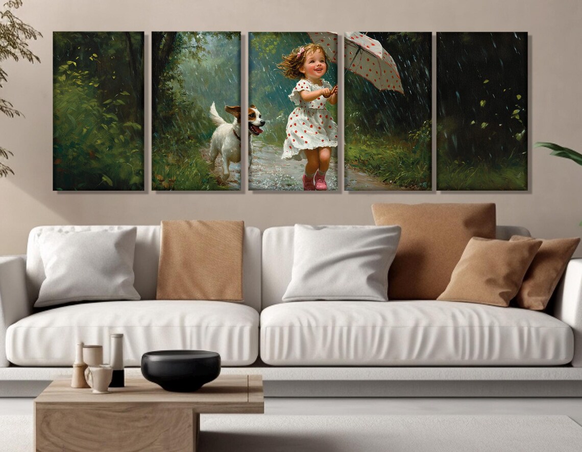 Happy Girl And Dog Playing In Rain Umbrella Cheerful Kids Art Print - Image 3