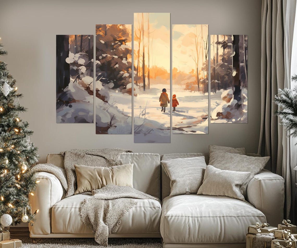 Kids Walking Winter Forest At Sunset Cozy Christmas Painting Wall Art - Image 3