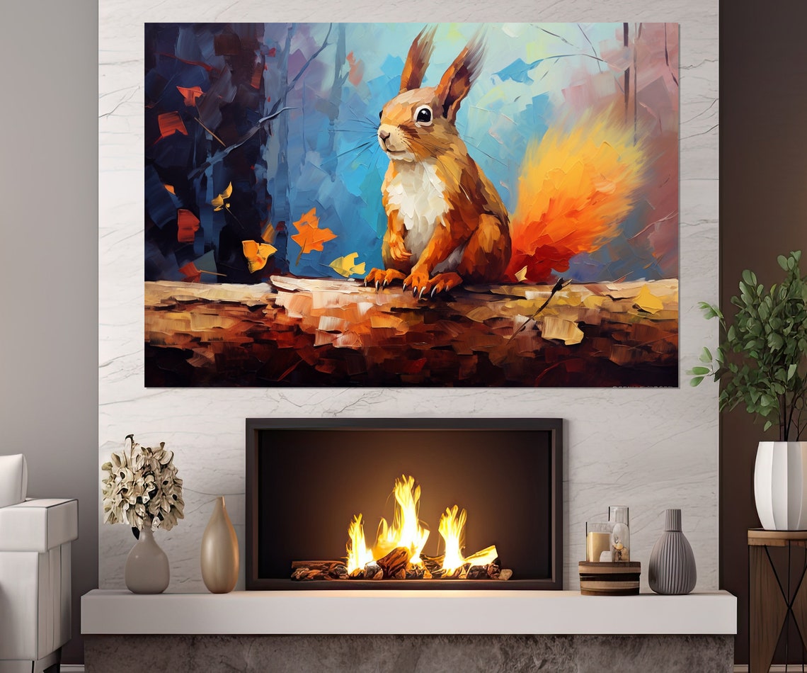 Red Squirrel Sitting On A Log In An Autumn Forest Impressionist Poster