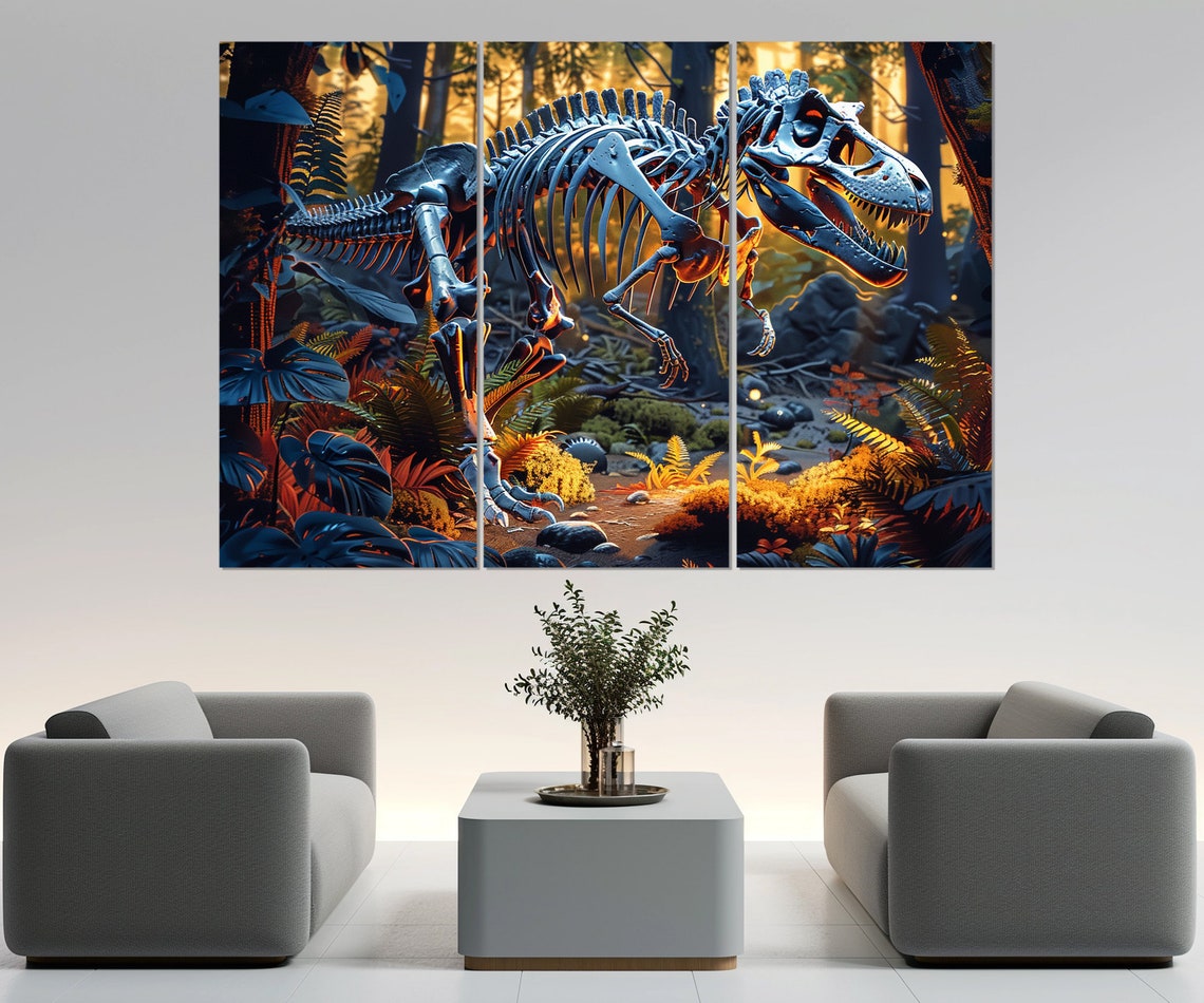 Tyrannosaurus Rex Skeleton Prehistoric Jungle Sunset Museum Wall Art - Image 4
