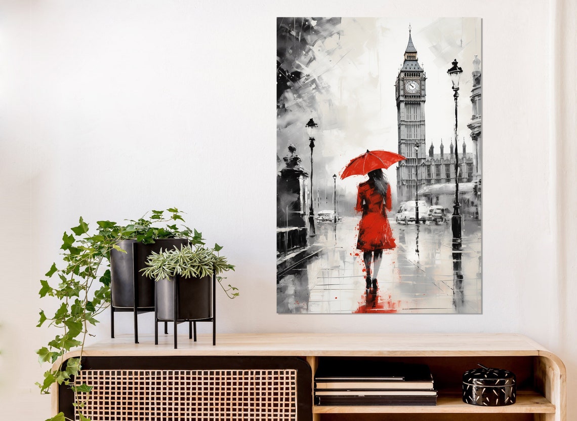 Scenic London Painting Print Woman In Red With Umbrella In London Wall Art Abstract London Poster Framed And Ready To Hang - Image 3