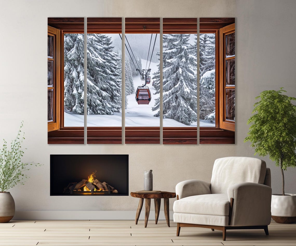 Winter Cable Car Faux Window Snowy Forest Mountain View Poster - Image 2