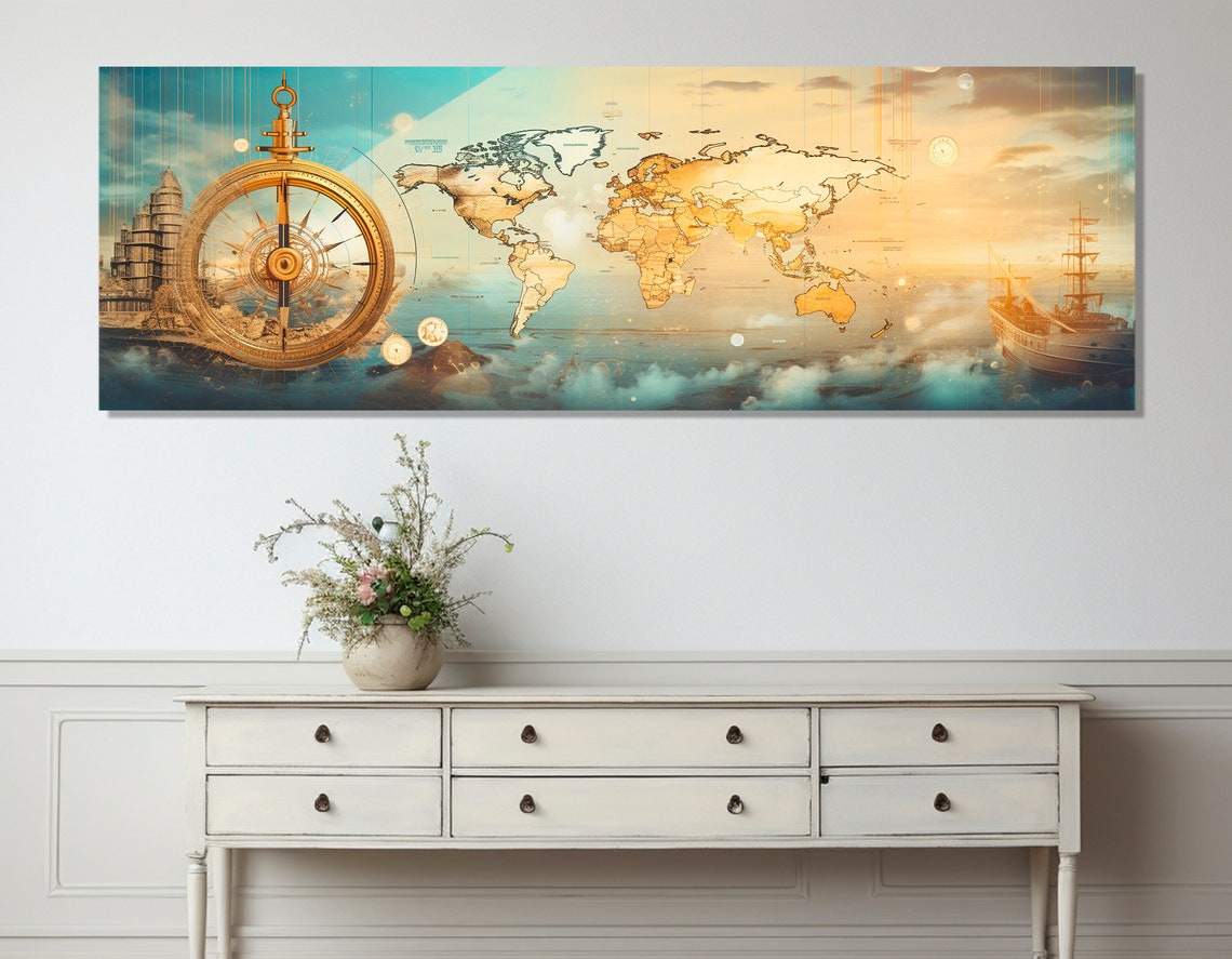 Vintage World Map Golden Compass Sailing Ship Travel Wall Poster - Image 4