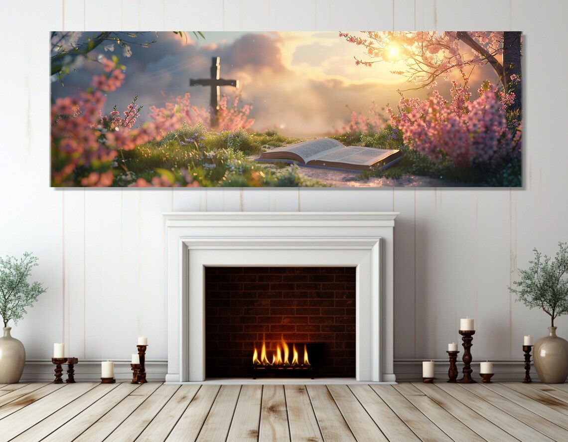 Open Bible Blooming Garden Sunrise Wooden Cross Spring Faith Wall Art - Image 2