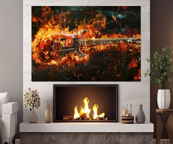 Electric Guitar Engulfed in Flames Fiery Rock Music Painting Dramatic Wall Art Poster