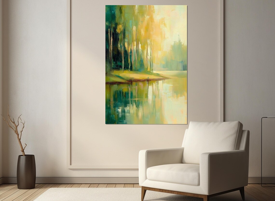 Impressionist Serene Landscape Painting Print Abstract Forest Wall Art Green Abstract Wall Decor Framed And Ready To Hang - Image 3