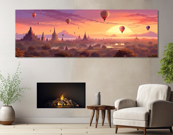 Air Balloons Over Bagan Temples In Myanmar Print Large Myanmar Painting Myanmar Wall Art Bagan Pagodas Framed And Ready To Hang