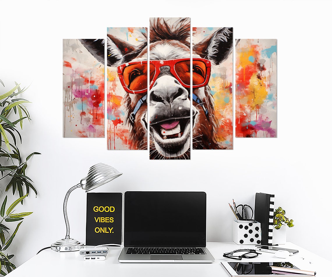 Smiling Donkey Wearing Red Sunglasses With Paint Splashes Poster - Image 4