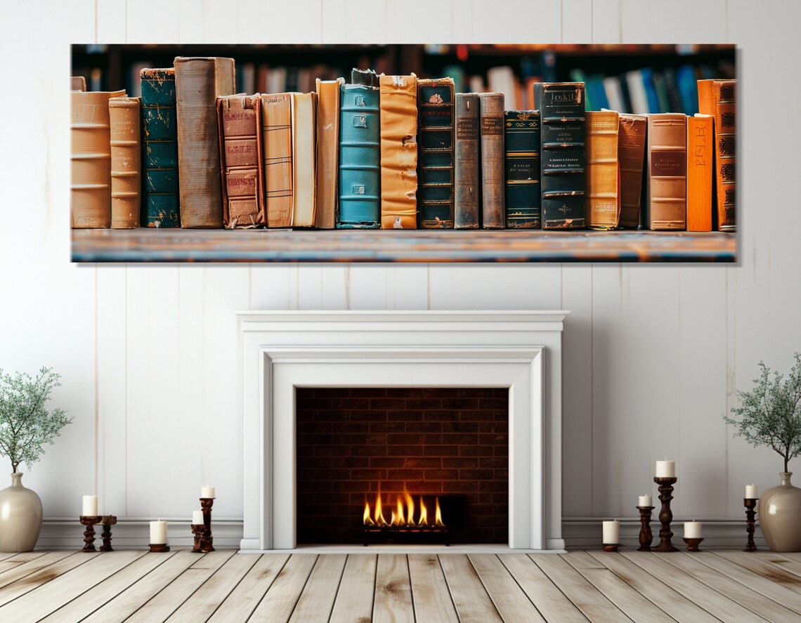 Retro Shelf of Old Books Poster, Library Wall Art