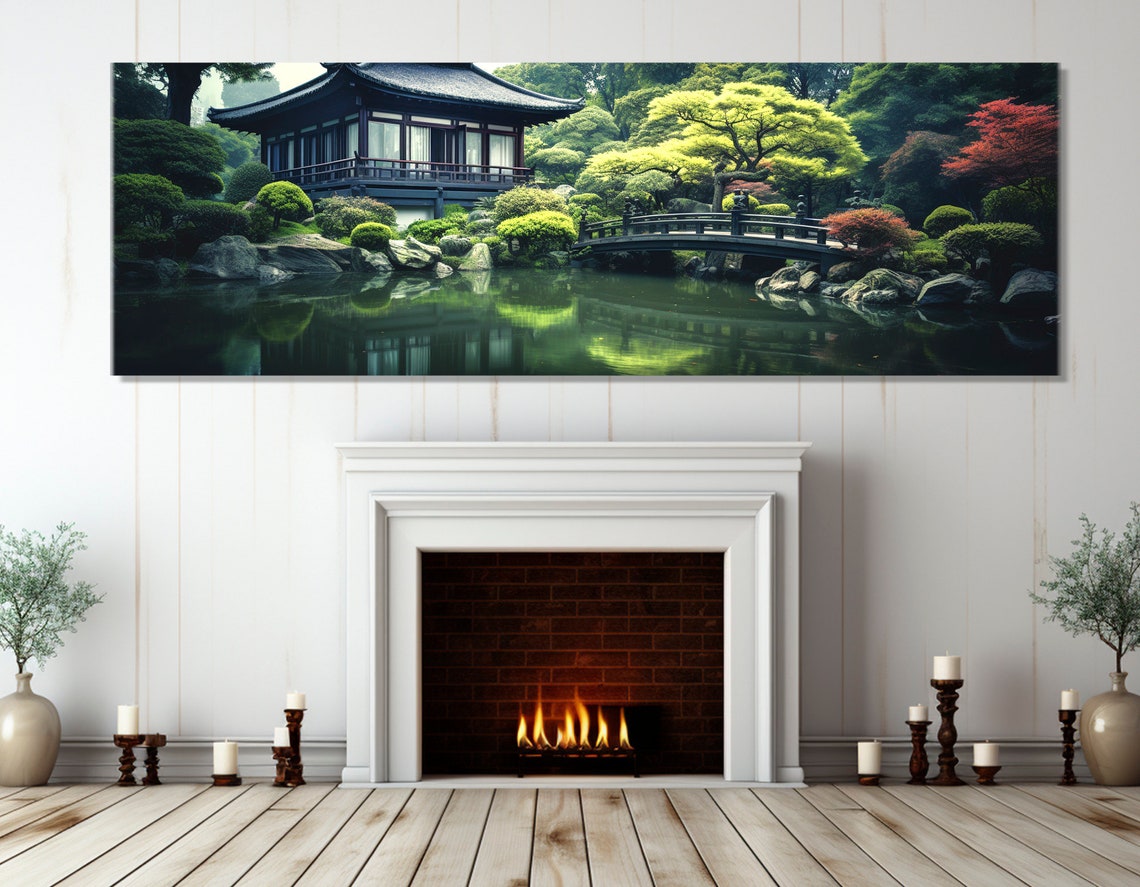 Japanese Garden Tea House Arched Bridge Pond Serene Travel Poster