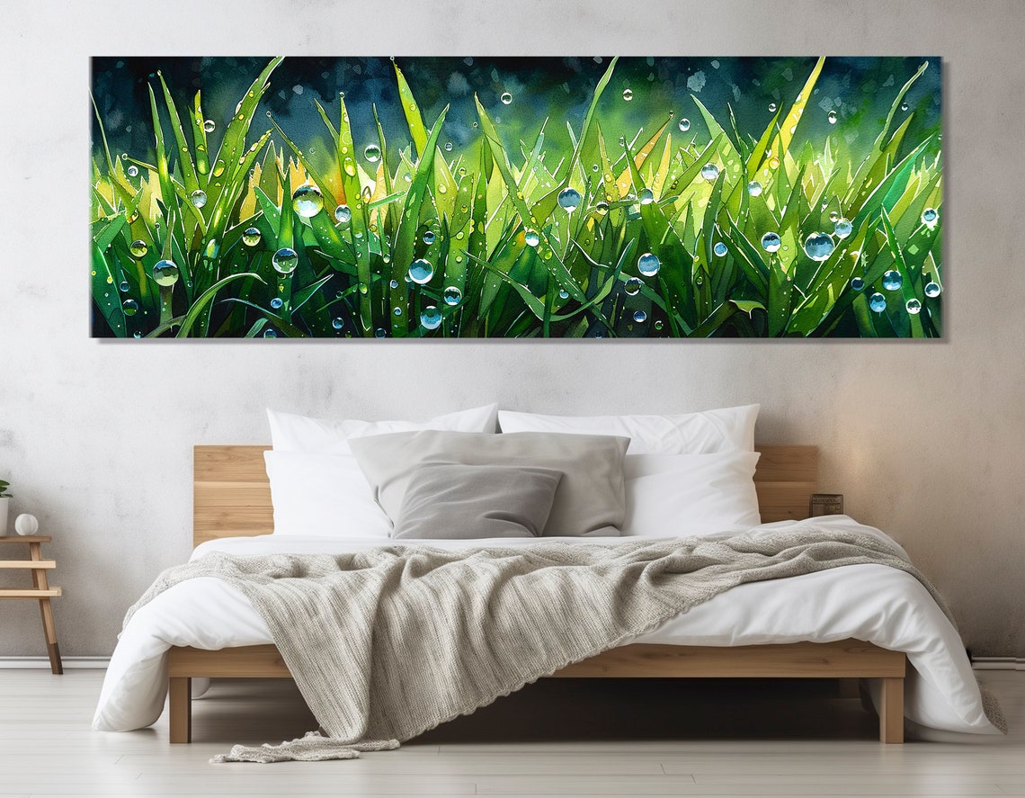 Morning Dew Drops On Green Grass Blades Nature Macro Art Poster