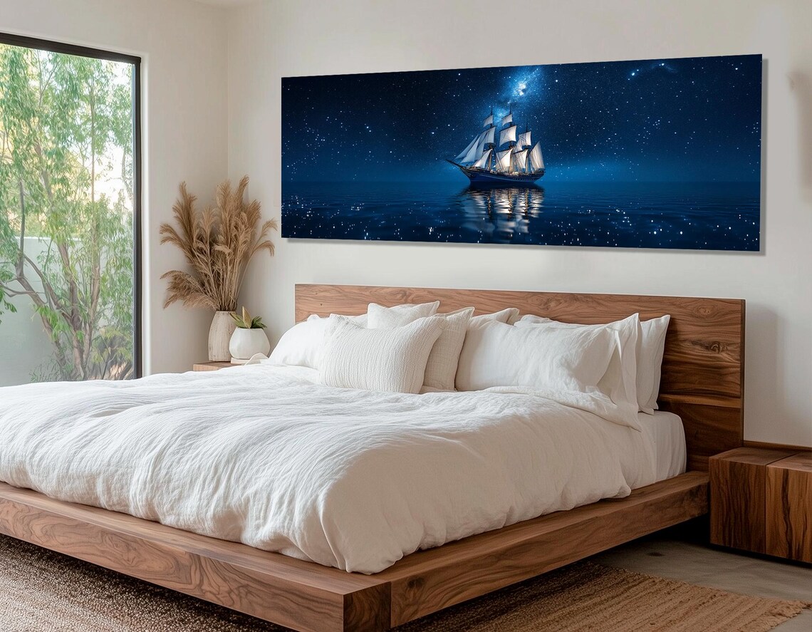 Tall Ship Under Starry Night Sea Milky Way Triptych Sailing Wall Art Poster - Image 2