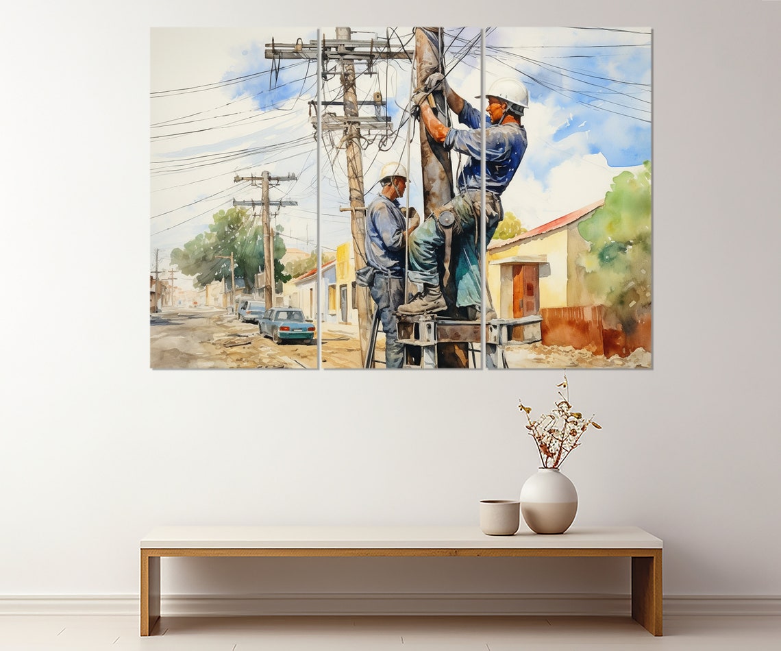 Electricians Working On Power Pole Watercolor Street Art Poster - Image 3