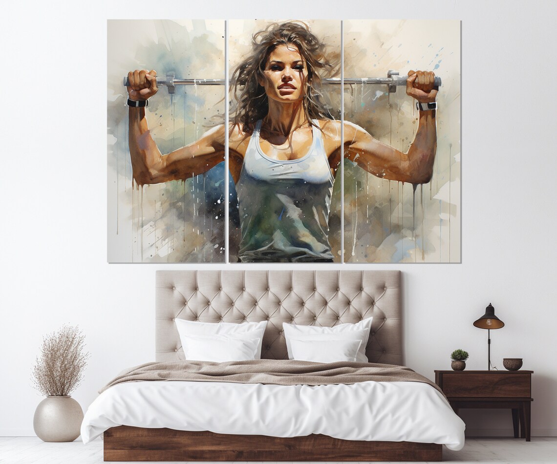 Strong Woman Lifting Barbell Watercolor Fitness Motivation Gym Wall Art - Image 4