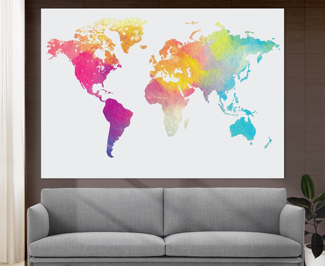 Abstract Watercolor World Map, Modern Office Wall Art Print