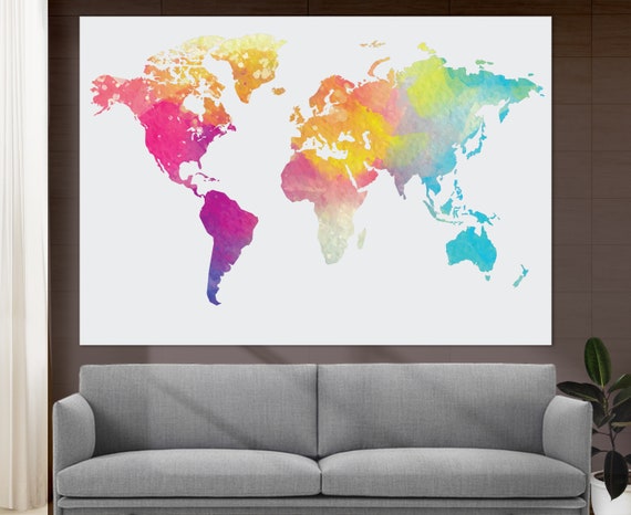 Abstract Watercolor World Map, Modern Office Wall Art Print