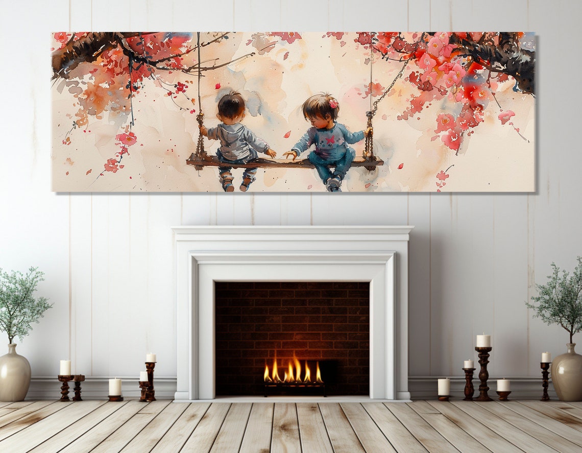 Toddlers On Wooden Swing Under Cherry Blossom Tree Watercolor Poster