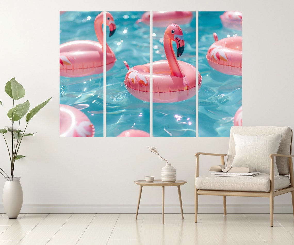 Pink Flamingo Pool Floats Sparkling Turquoise Water Summer Wall Art - Image 2
