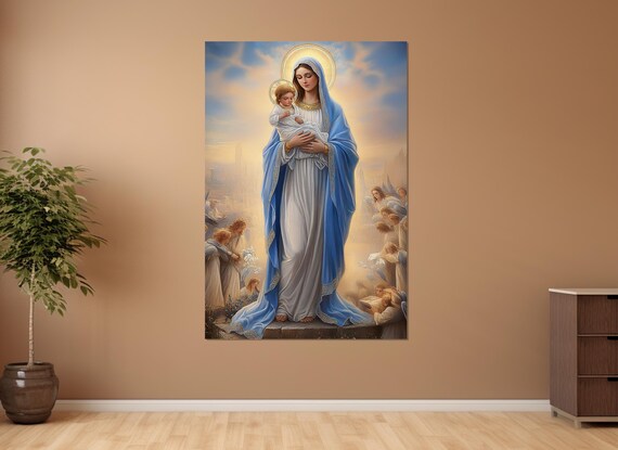 Virgin Mary And Baby Jesus Surrounded By Angels Heavenly Light Poster