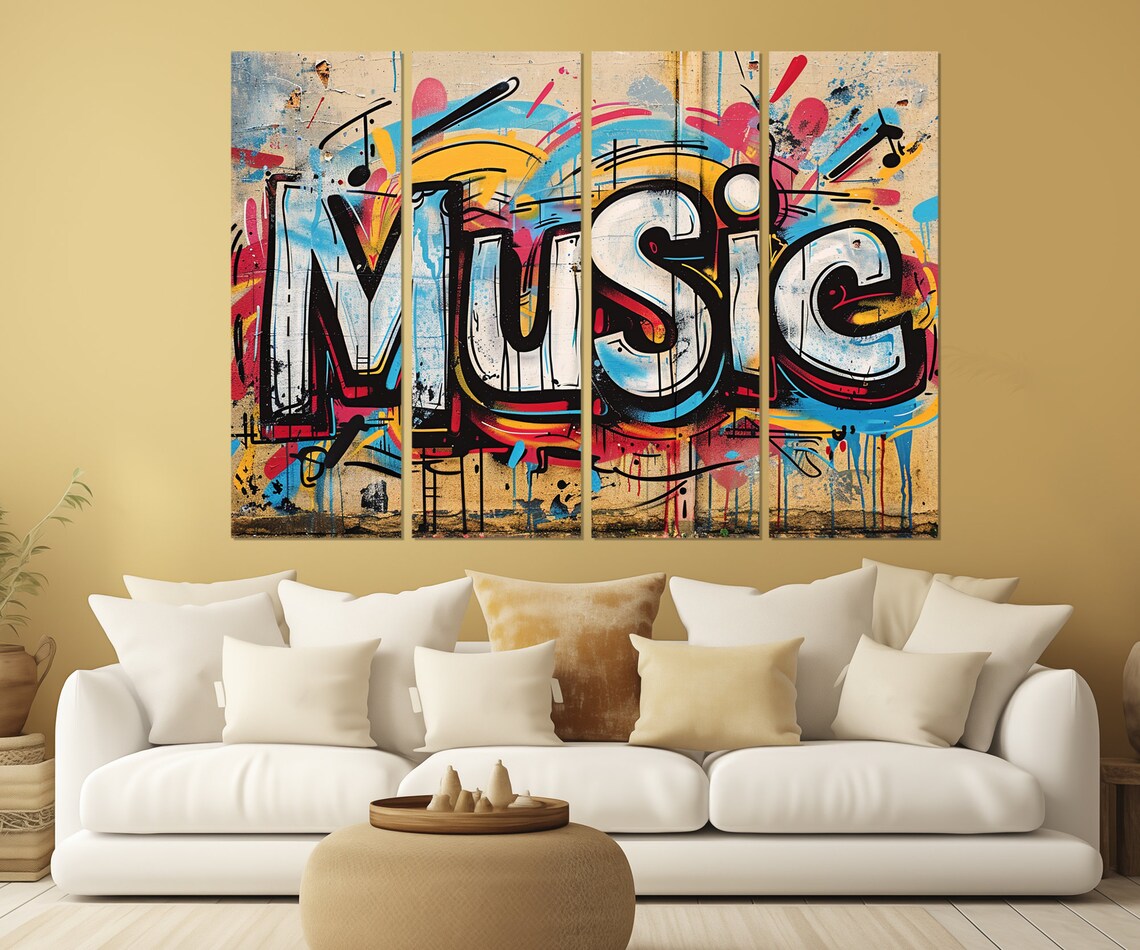 Music Graffiti Lettering Colorful Urban Street Art Style Distressed Wall Art Print - Image 3