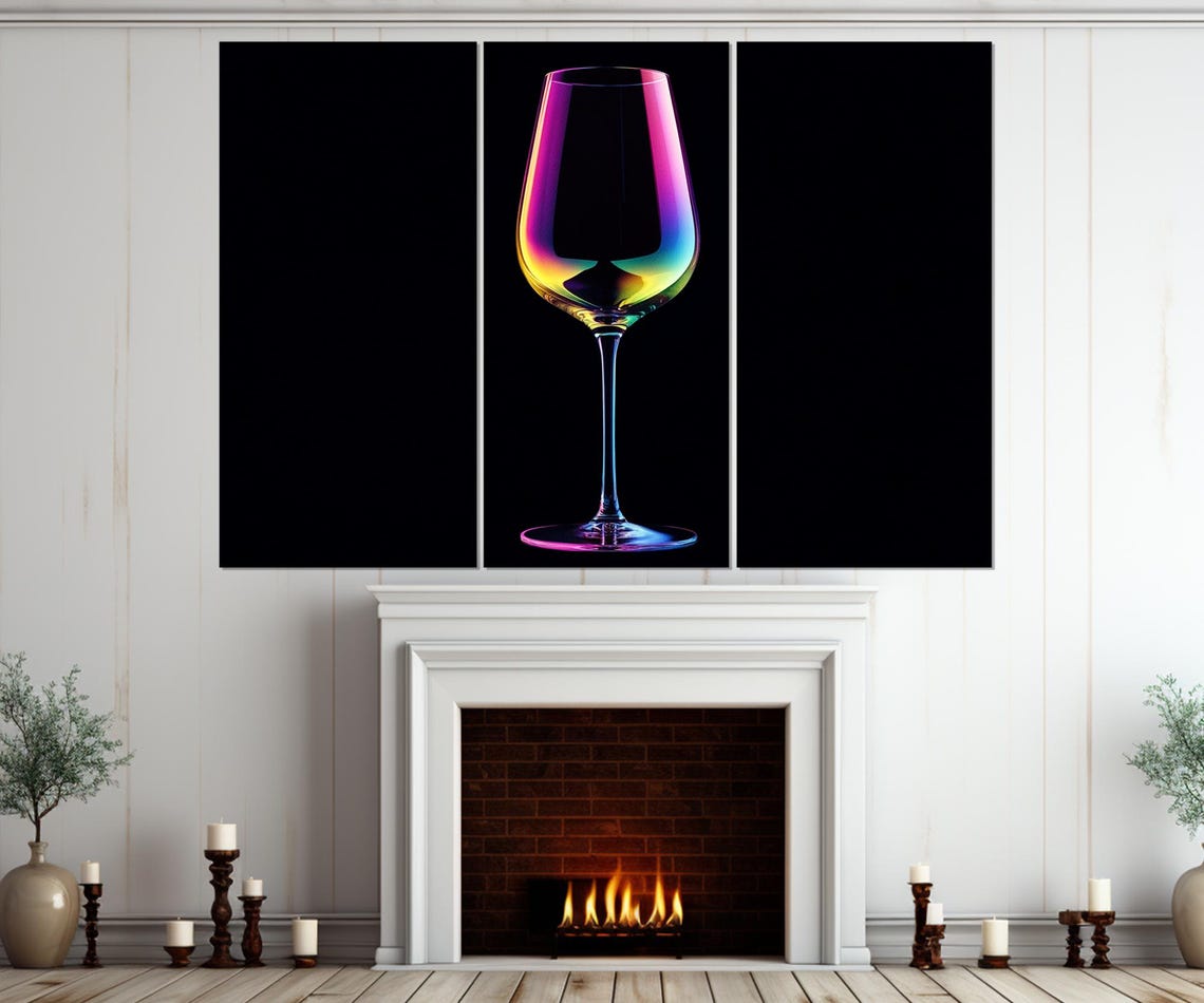 Neon Rainbow Wine Glass Abstract Triptych Black Canvas Wall Poster