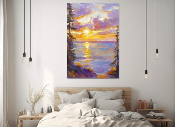 Impressionist Sunset Painting Print Abstract Nature Wall Art Scenic Sunset Poster Purple Tones Nature Framed And Ready To Hang
