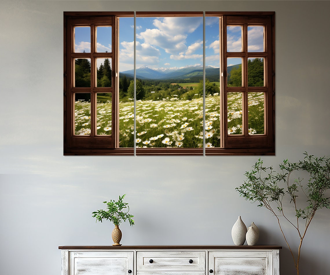 Open Window Overlooking Daisy Field Mountains Faux View Poster - Image 2