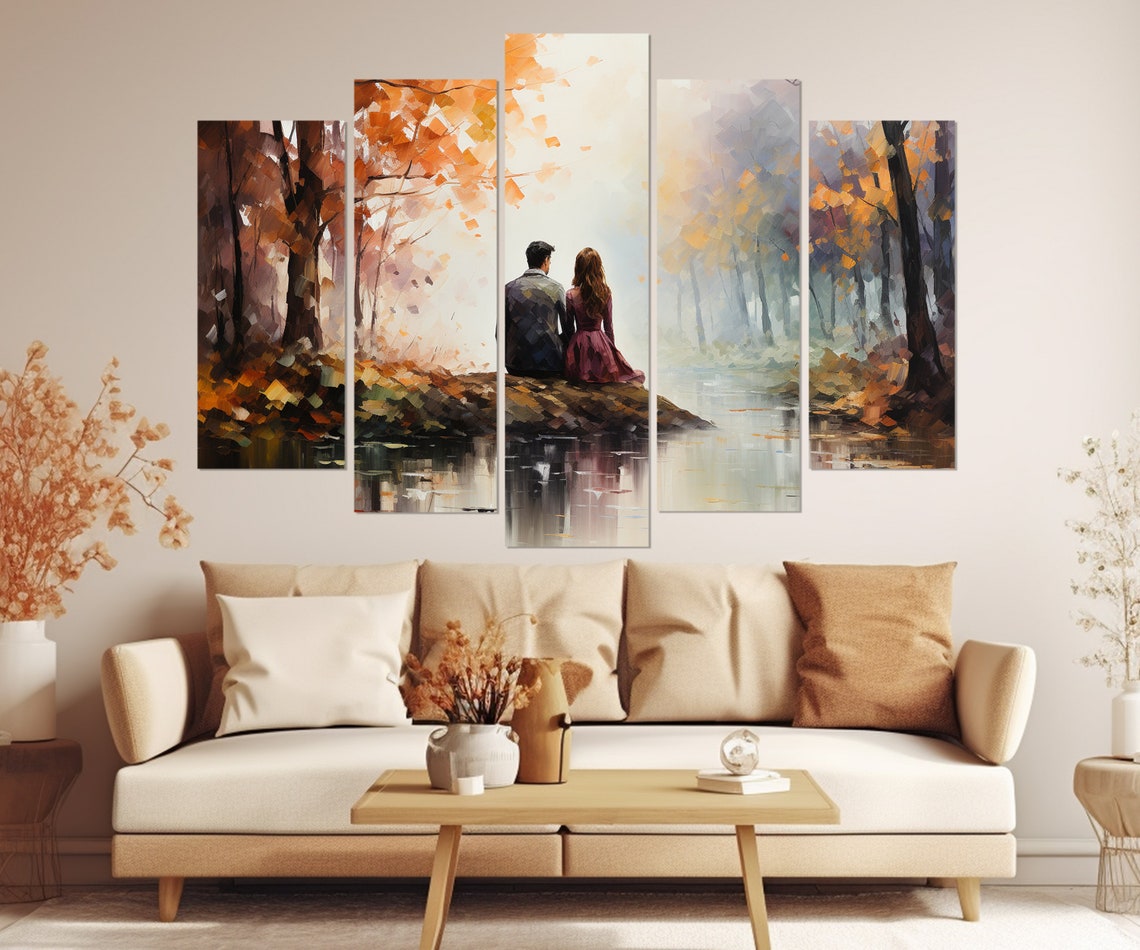 Romantic Couple By Autumn Lake Misty Forest Triptych Wall Poster - Image 2