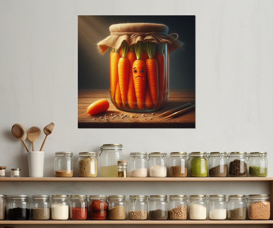 Sad Pickled Carrots Jar Funny Cartoon Vegetables Kitchen Wall Decor