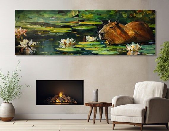 Capybara In The Lake With Water Lilies Painting Print Modern Wall Art Abstract Capybara Painting Framed And Ready To Hang