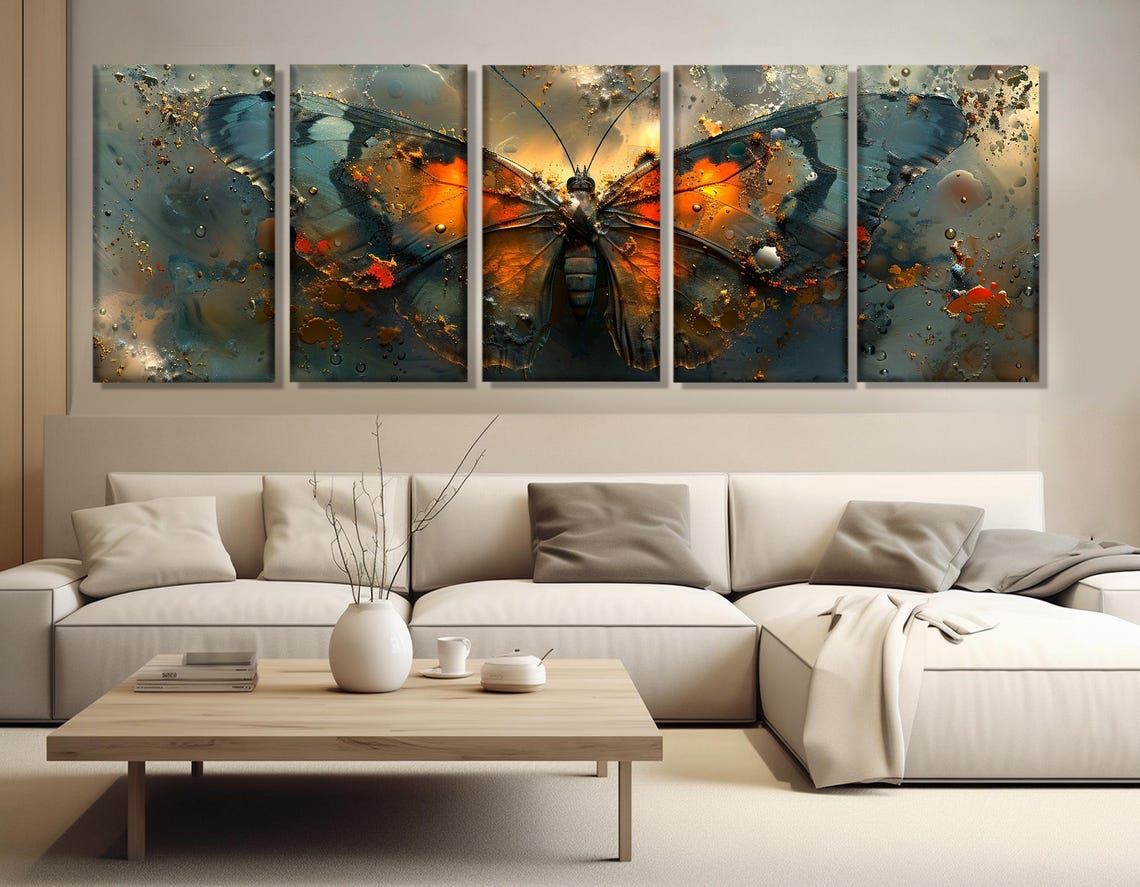 Abstract Butterfly Orange Teal Wings Textured Panoramic Wall Poster - Image 3