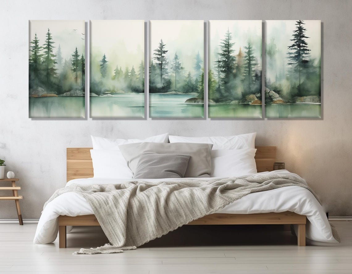 Misty Forest Lake Pines Reflections Soft Watercolor Nature Poster - Image 3