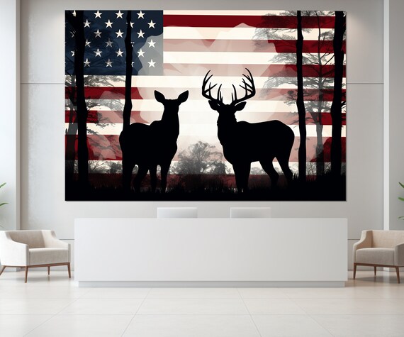 Deer Silhouette Buck Doe American Flag Forest Patriotic Wall Art