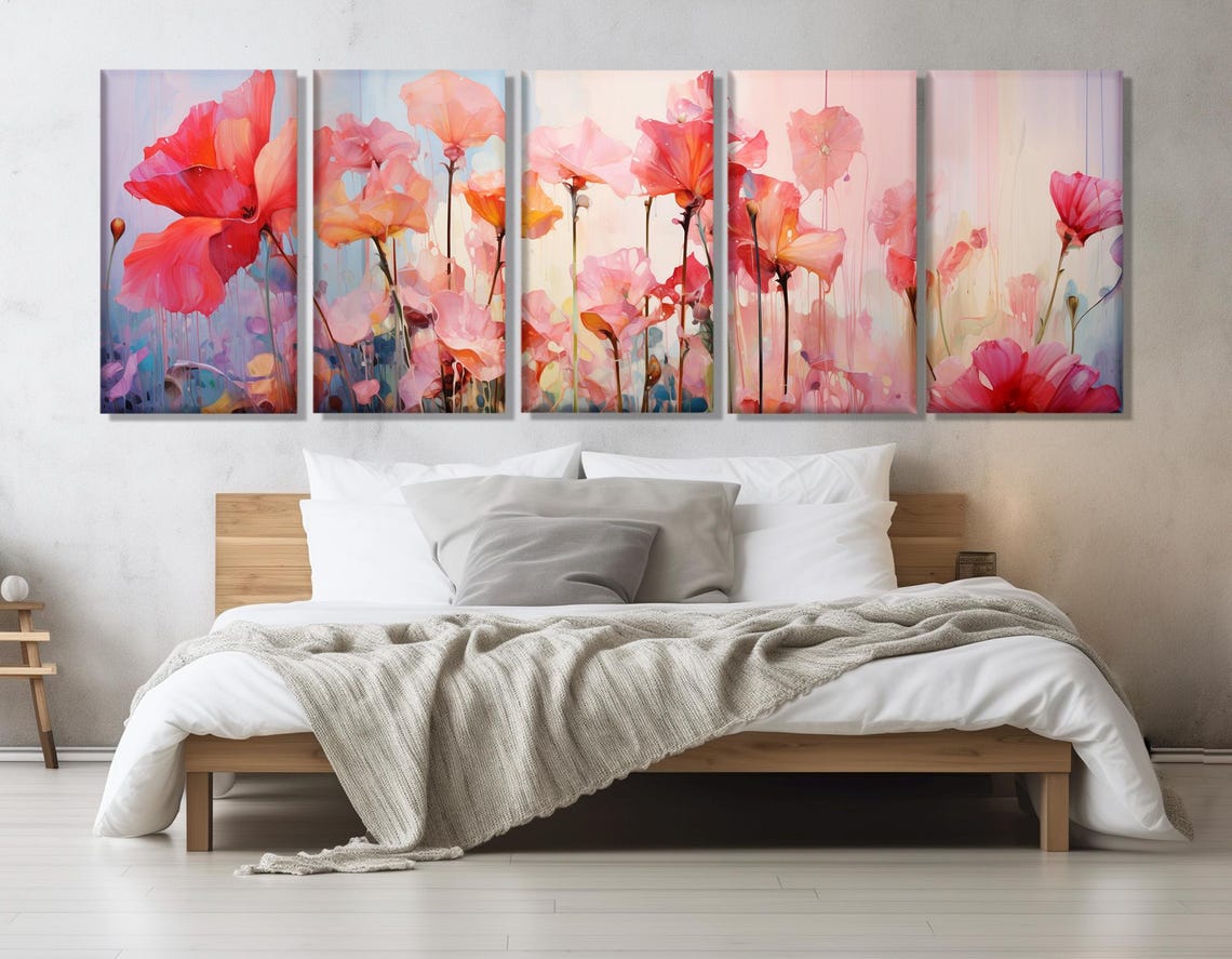 Soft Pink Wildflowers Watercolor Blooming Poppy Triptych Wall Art - Image 3