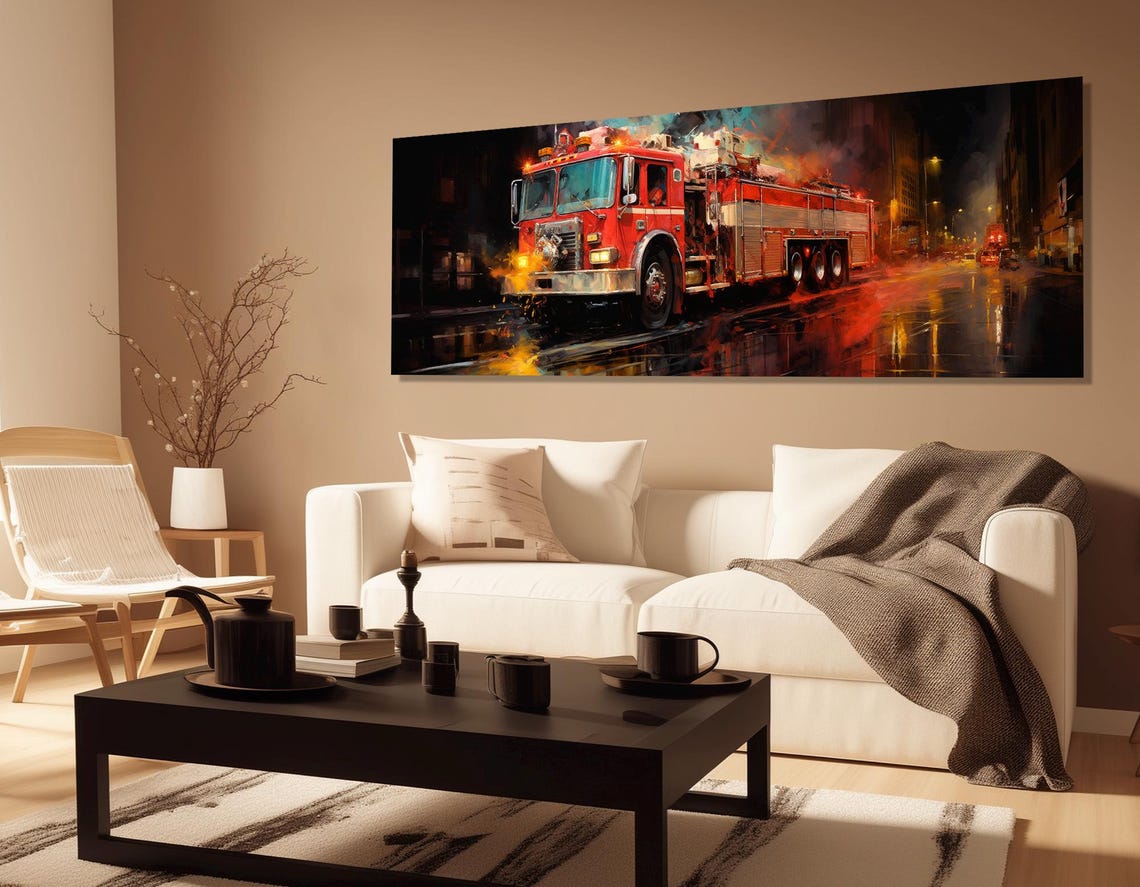 Red Fire Truck Night Lights Emergency Vehicle Panoramic Wall Art - Image 2