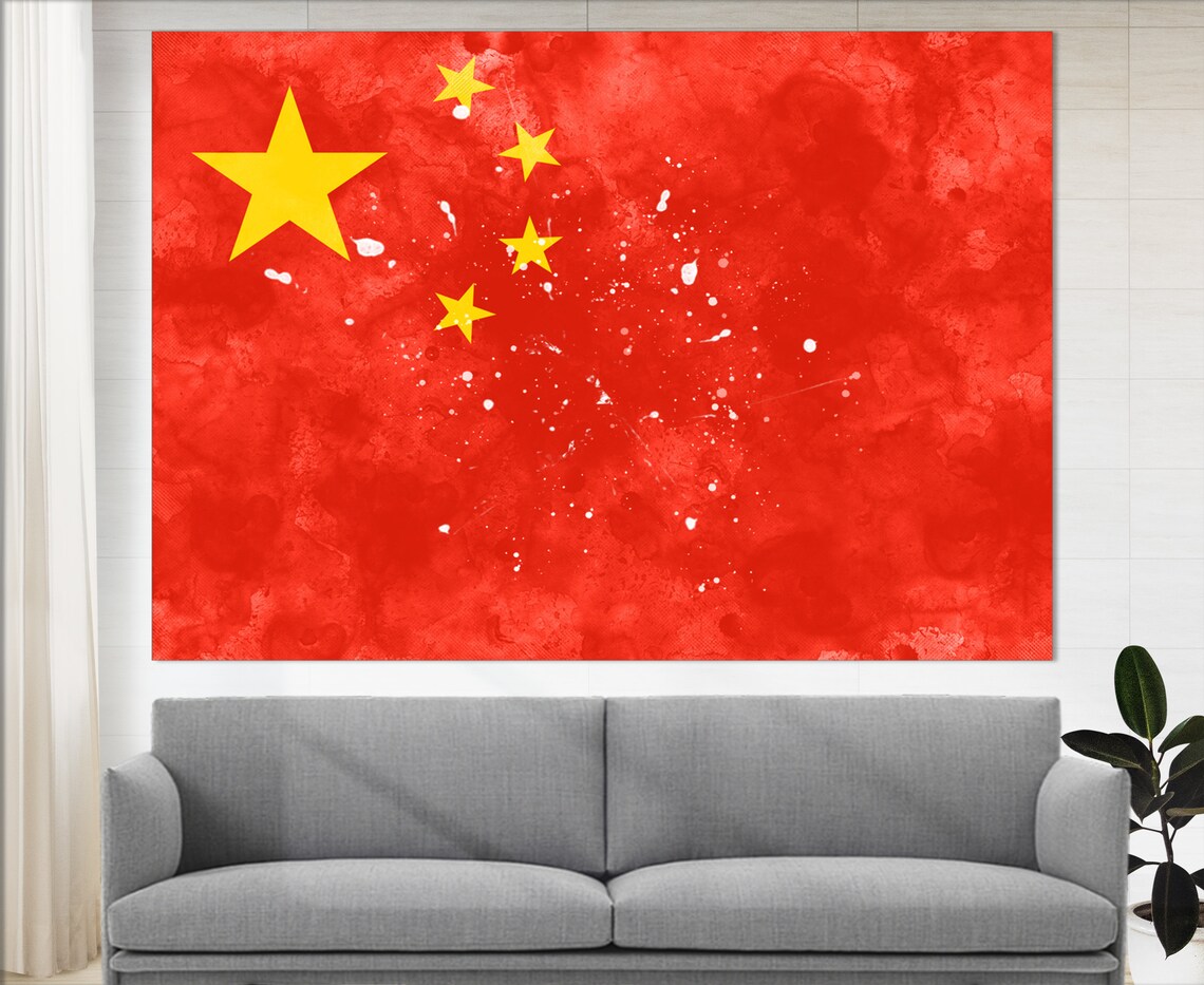 China Flag Watercolor Print Red Gold Patriotic Asian Wall Art Poster