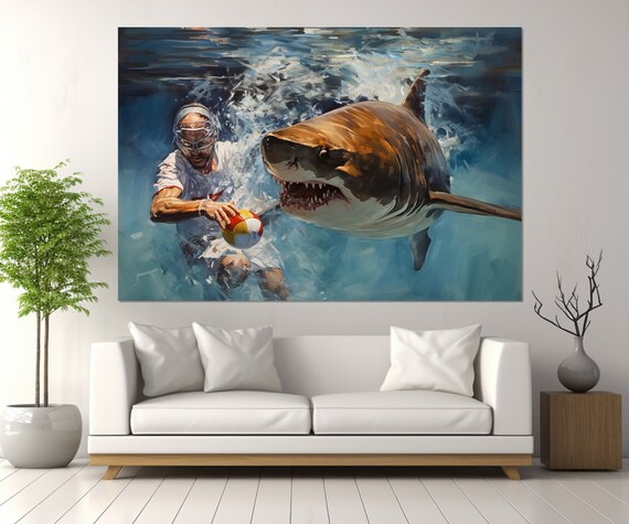 Abstract Water Polo Painting Print Water Polo Wall Art Water Polo With Shark Water Polo Player Gift Framed And Ready To Hang