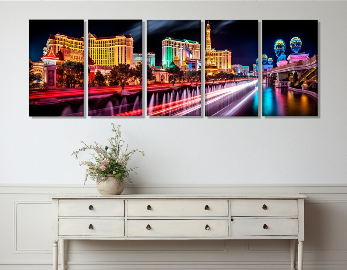 Las Vegas Strip Night Lights Bellagio Fountains Panorama City Poster - Image 3