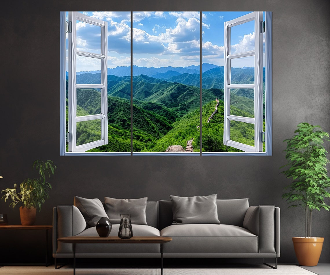 Great Wall of China Through Open Window Green Mountains Travel Poster - Image 2