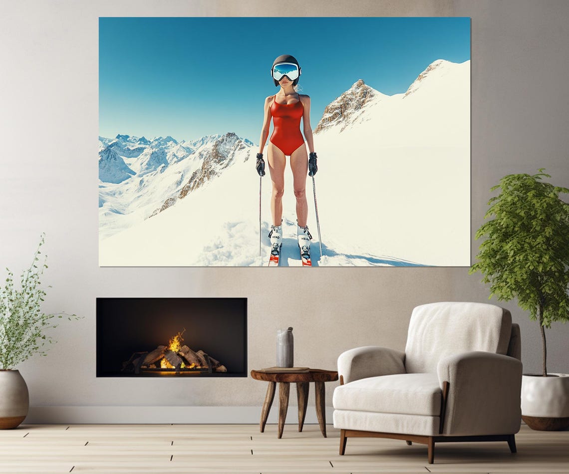 Skier In Red Swimsuit Snowy Mountain Triptych Bold Ski Wall Art Print - Image 4