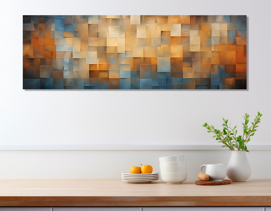 Abstract Mosaic Squares Blue Amber Contemporary Geometric Wall Art - Image 4