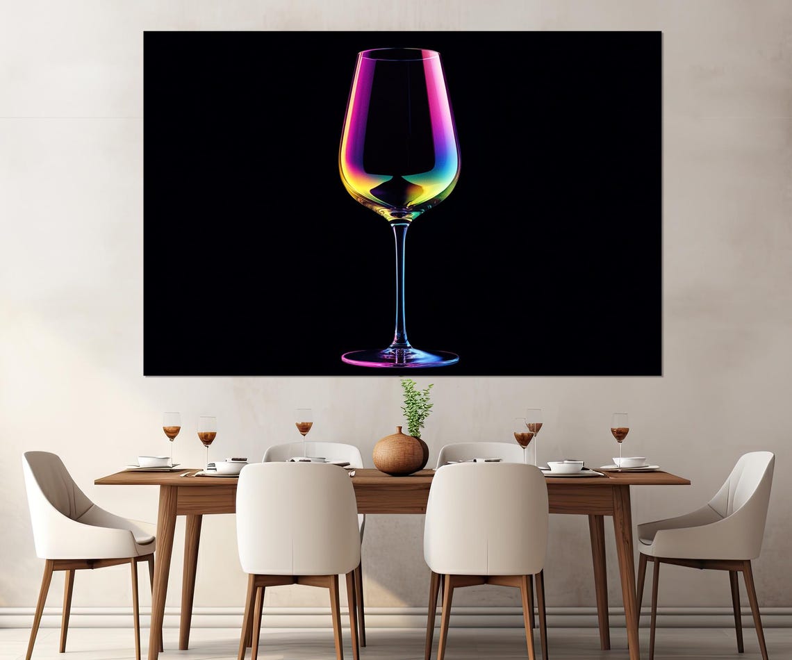 Neon Rainbow Wine Glass Abstract Triptych Black Canvas Wall Poster - Image 2
