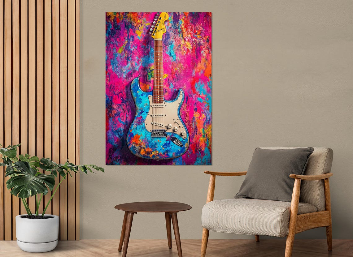 Electric Guitar Splash Paint Vibrant Magenta Pop Music Wall Poster - Image 2