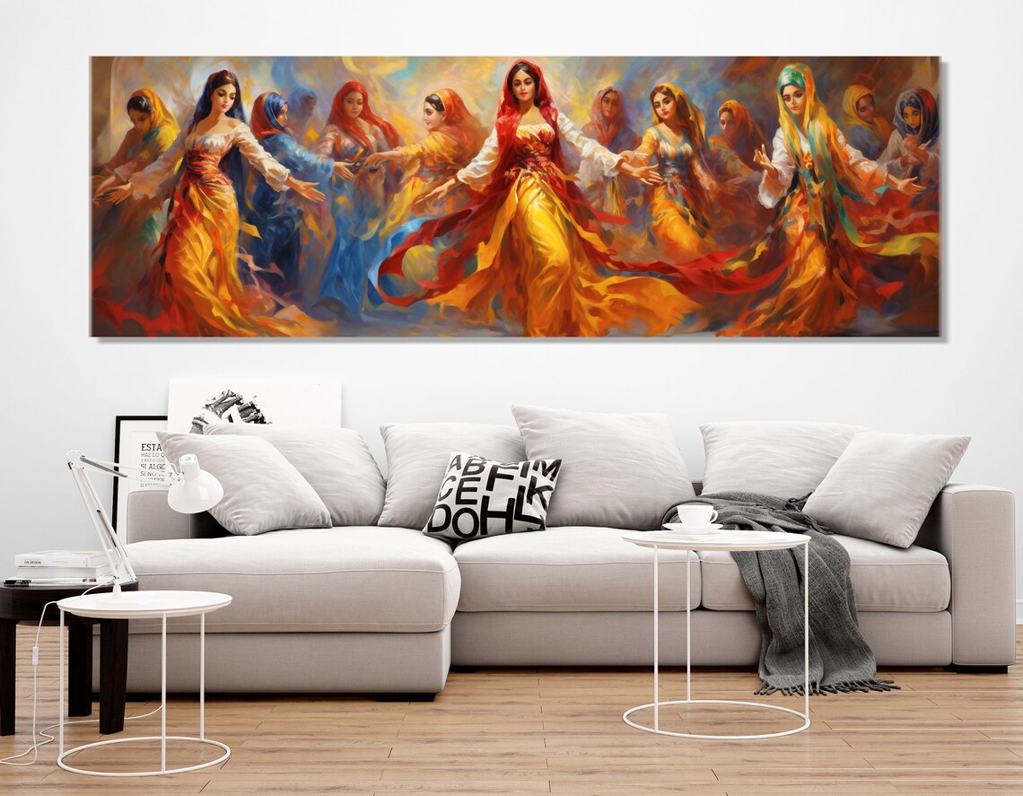Folk Women Dancing Colorful Traditional Dresses Panoramic Celebration Art Poster - Image 2