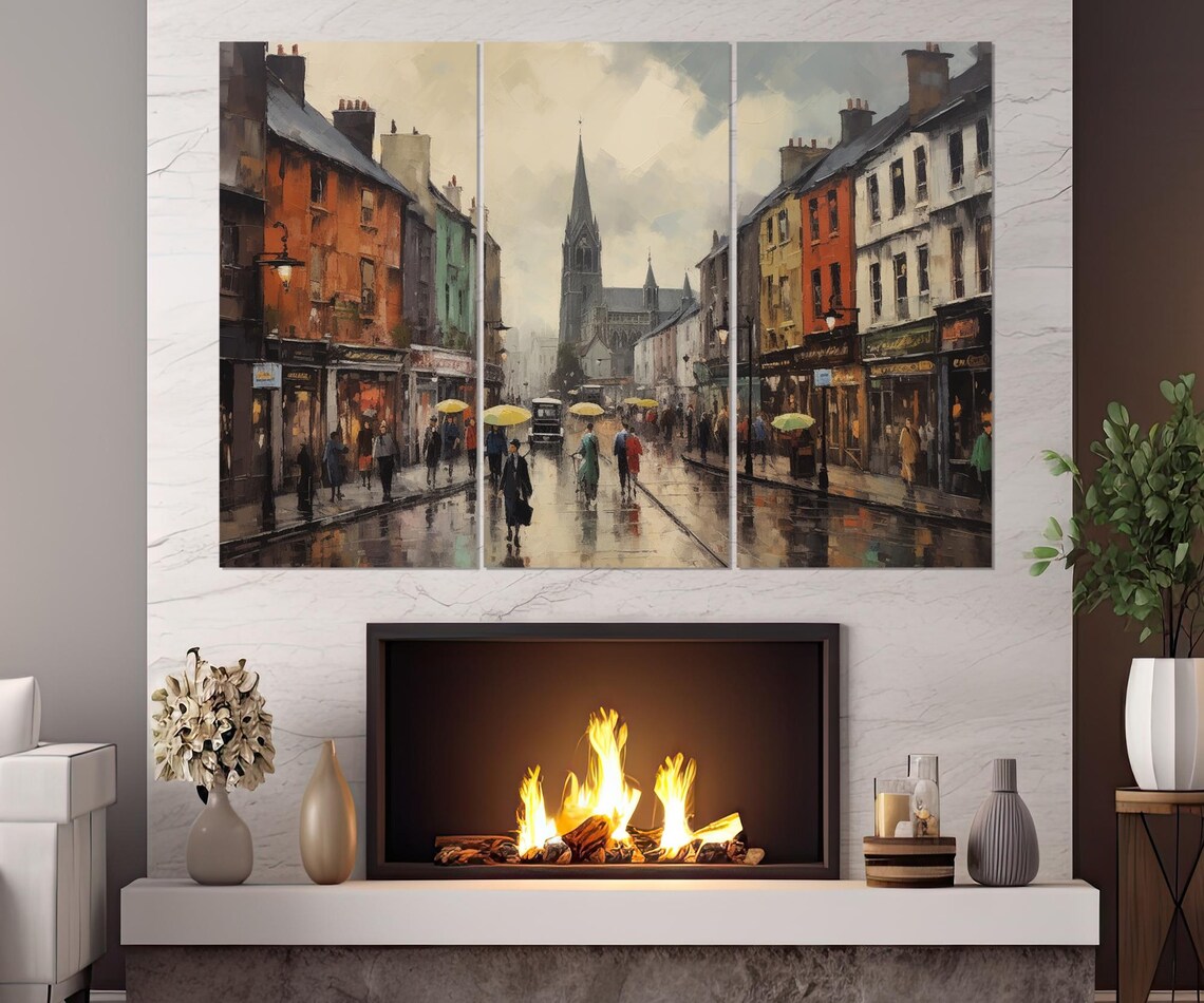 Dublin Ireland Rainy Old Town Street Umbrellas Church Spire Art Poster - Image 4