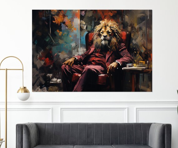 Lion In A Suit Boss Sitting In Armchair Funny Animal Portrait Art Poster