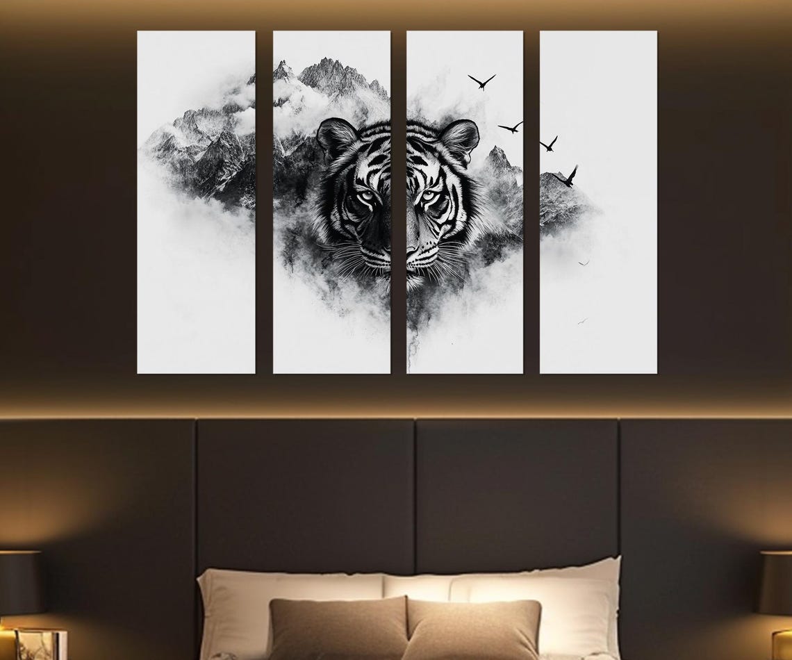 Tiger Face Misty Mountains Black White Ink Art Portrait Wall Poster - Image 2